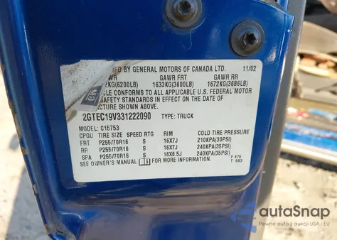 2003 GMC Sierra 1500 Sle z USA, uszkodzony, nr VIN 2GTEC19V331222090